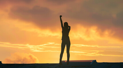 Fototapeta na wymiar Silhouette of woman with victory and success with raised fist standing against sunset sky