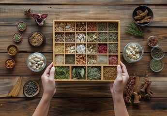 AI generated illustration of traditional Chinese herbs and spices arranged in wooden boxes