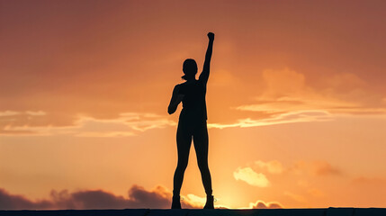 Fototapeta premium Silhouette of woman with victory and success with raised fist standing against sunset sky