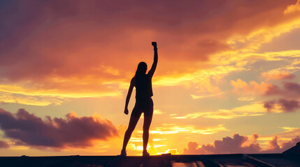Silhouette of woman with victory and success with raised fist standing against sunset sky