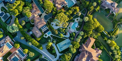 Fototapeta premium An aerial view of a sprawling estate with manicured gardens. 