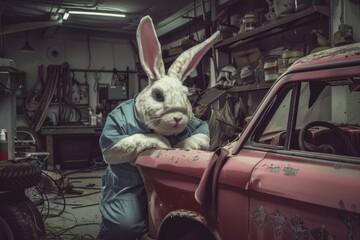 Cool Easter bunny as a car mechanic