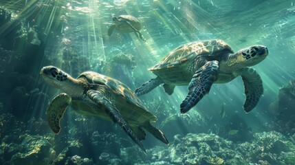 Fototapeta premium Turtles in a serene underwater setting, soft beams of light filtering through the water, highlighting their slow, graceful movements, in a realistic digital painting