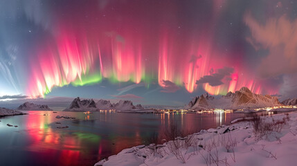 Unreal landscape with Aurora borealis and Milky way