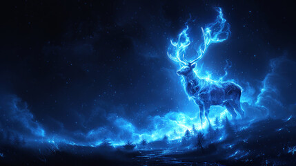 Glowing magical stag in dark forest