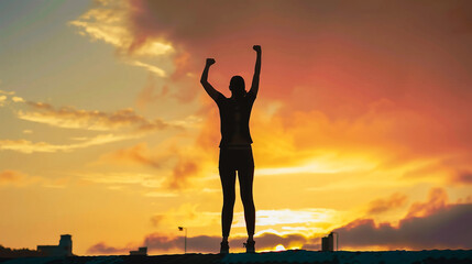 Fototapeta premium Silhouette of woman with victory and success with raised fist standing against sunset sky