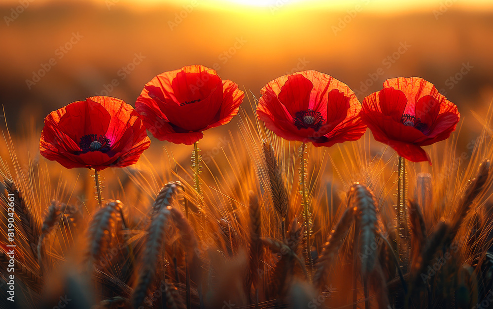 Aufkleber red poppies in field in spring. a photo of red poppies in the middle of a field with golden wheat