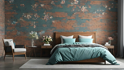 Bedroom interior rusty stone wall with floral framing and furniture