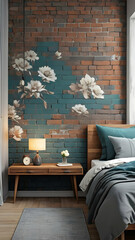 Bedroom interior rusty stone wall with floral framing and furniture