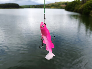 pink silicone fish with two hooks. bait for catching predatory fish, against the backdrop of a pond
