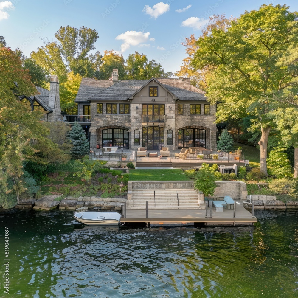 Poster A panoramic view of a waterfront property with a dock. 