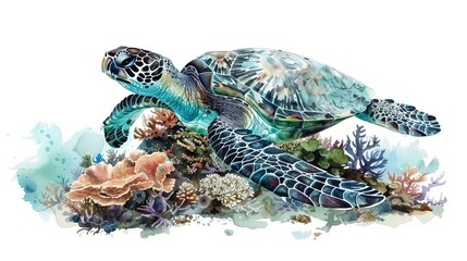 Fototapeta premium A majestic sea turtle swimming gracefully over a coral reef, with clear turquoise water, emphasizing marine preservation, isolated on white background, copy space