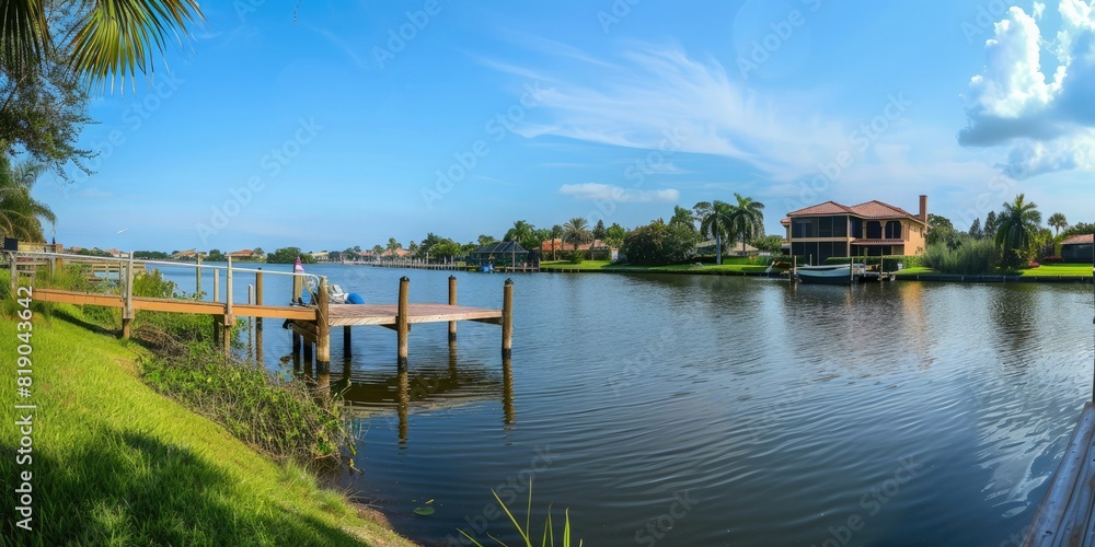 Poster A panoramic view of a waterfront property with a dock.