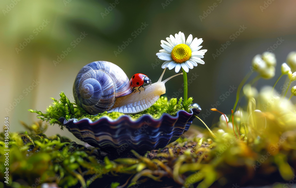 Poster snail and ladybug on camomile flower in shell. a small daisy flower growing from a shell