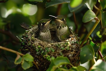 Two baby birds sitting in a nest surrounded by green leaves, captured in a natural habitat setting.