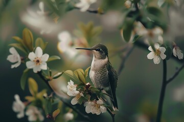 Obraz premium Hummingbird perched on a blooming branch with white flowers and green leaves in a tranquil natural setting.