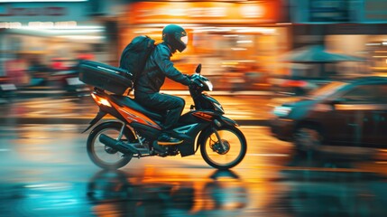 Fototapeta premium Courier, delivery man on the motorcycles in the street, Fast transport express home delivery online order, food delivery, Blurred image
