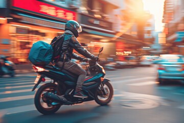 Courier, delivery man on the motorcycles in the street, Fast transport express home delivery online order, food delivery, Blurred image