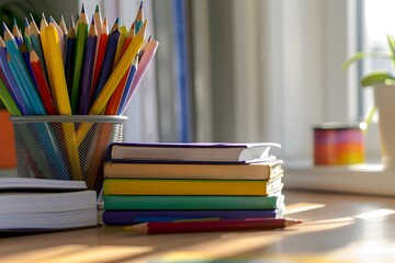 Fototapeta premium School desk brightly lit, stacked books colorful pencils in class