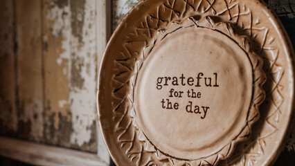 Fototapeta premium Weathered home wall with rustic rural charm and nostalgia hangs a vintage ceramic handcrafted plate with the words 