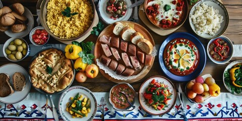 Covered table with traditional Ukrainian food, top view, horizontal