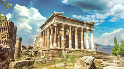 Obraz premium Lush overgrowth surrounding ancient Greek temple remnants against a backdrop of aged structures