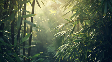 Bamboo tropical rainforest background with enlightenment sunlight through lush foliage vintage style