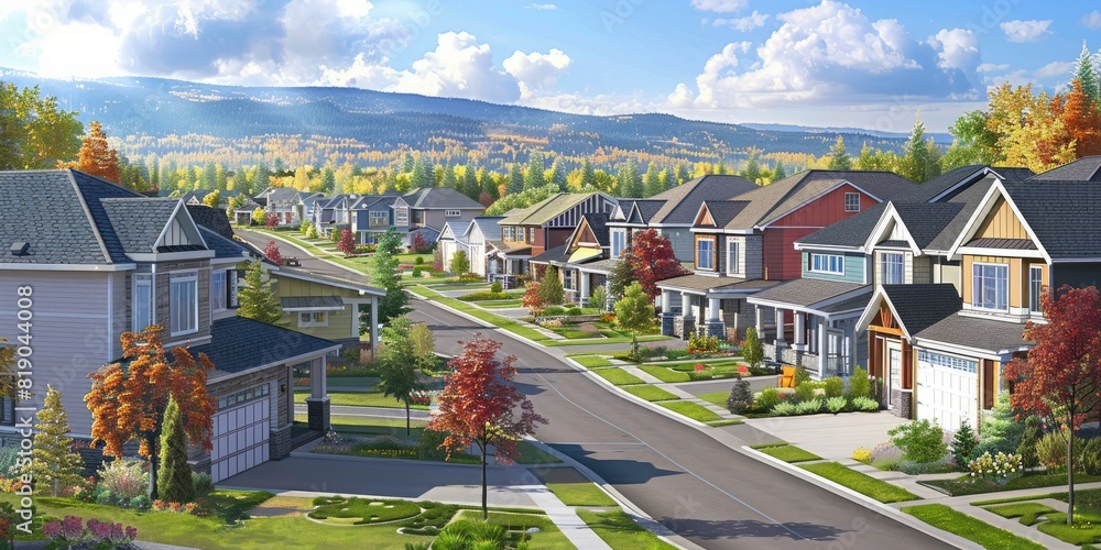 Poster an artist's rendering of a planned housing development.