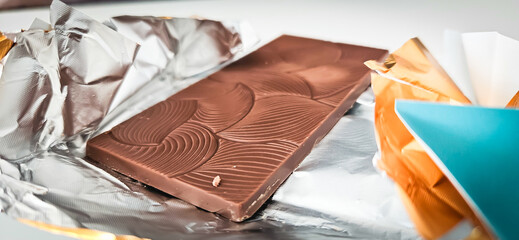 Patterned milky chocolate bar with colorful wrapping papers isolated on white background