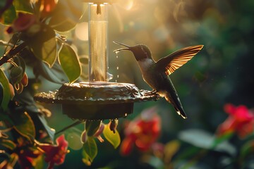 Obraz premium A hummingbird drinks nectar from a feeder in a beautiful garden, surrounded by lush greenery and red flowers at sunset.