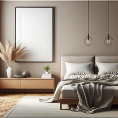 Modern Bed Room with blank photo frame mockup art print template