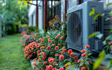 Air conditioner compressor is installed outside the house among the flowers