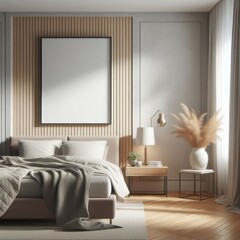 Modern Bed Room with blank photo frame mockup art print template