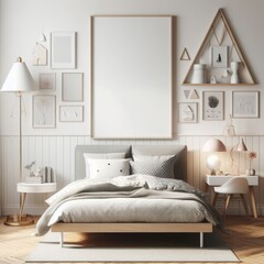 Modern Bed Room with blank photo frame mockup art print template