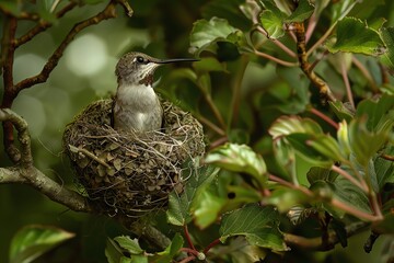 Obraz premium Hummingbird sitting in a nest amidst lush green leaves, captured in a vibrant natural setting.