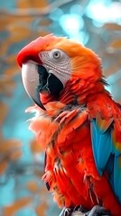 Fototapeta premium Striking scarlet macaw with vivid red, blue, yellow feathers perched on branch in soft-focus teal background, displaying intricate plumage details.