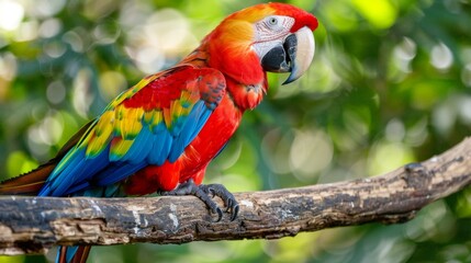 Obraz premium Stunning scarlet macaw perched on branch showcases brilliant red, blue, green feathers against lush, leafy background, evoking tropical rainforest vibrancy. Copy space