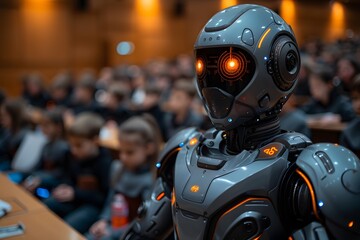 Futuristic robot teacher lecture hall filled students, modern education methods