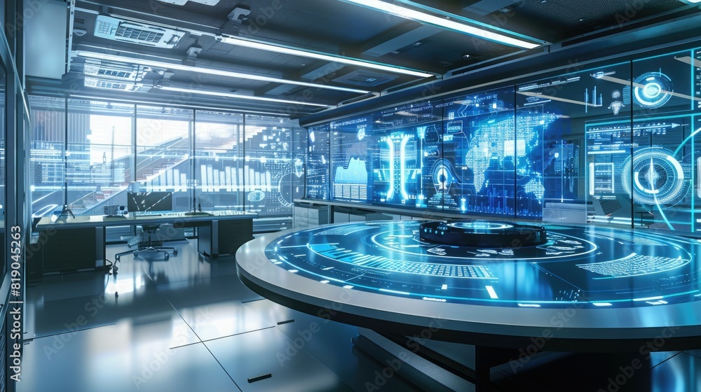 Poster A futuristic office environment with holographic displays showing real-time time tracking data. 