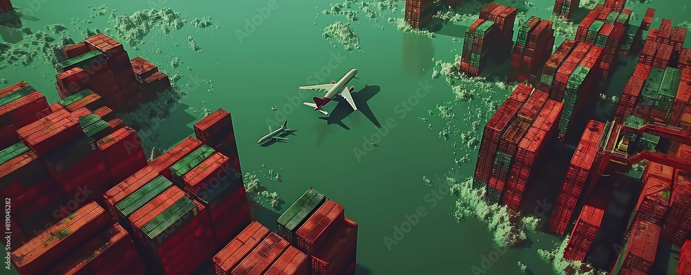 Poster a plane is flying over a body of water with a large number of red containers in the background
