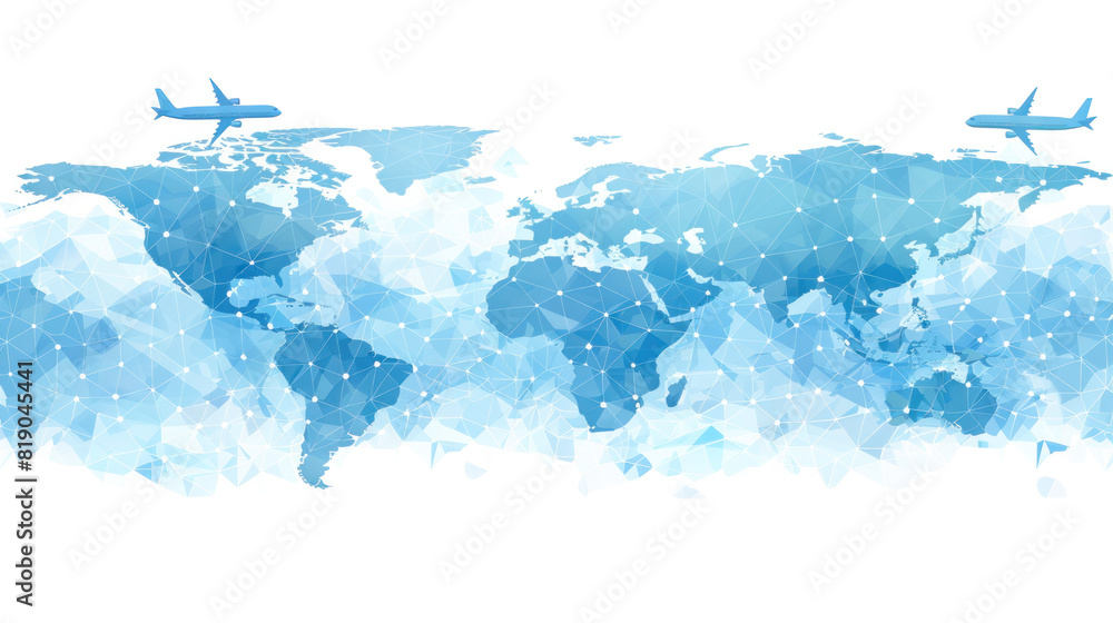 Poster a blue and white world map with two airplanes flying over it. the map is filled with dots and lines,