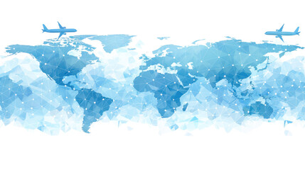 A blue and white world map with two airplanes flying over it. The map is filled with dots and lines, giving it a modern and abstract look. The airplanes are positioned at different heights and angles