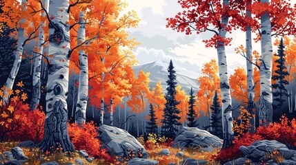 Dynamic vector art of a Montana forest in autumn, bursting with vivid fall colors.