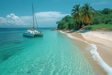 Sailing Catamaran Beach Anchorage A catamaran anchored near a sandy beach, offering a picturesque coastal anchorage scene