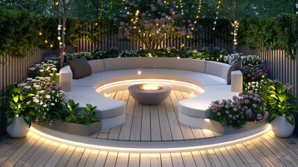 Contemporary outdoor design featuring a chic, white circular sofa set with wooden accents,