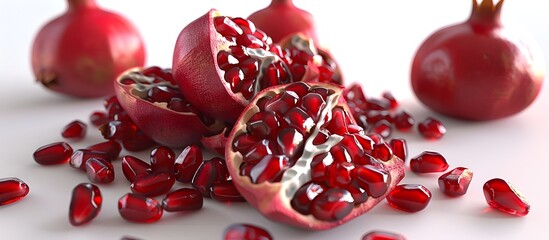 Vibrant Red Pomegranate Seeds on Plain White Background with Dramatic Lighting