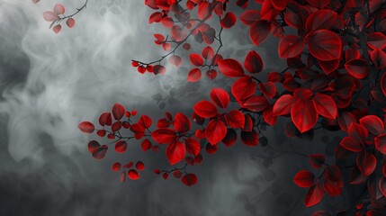 Fiery Red Autumn Leaves on a Misty Grey Morning, Seasonal Change