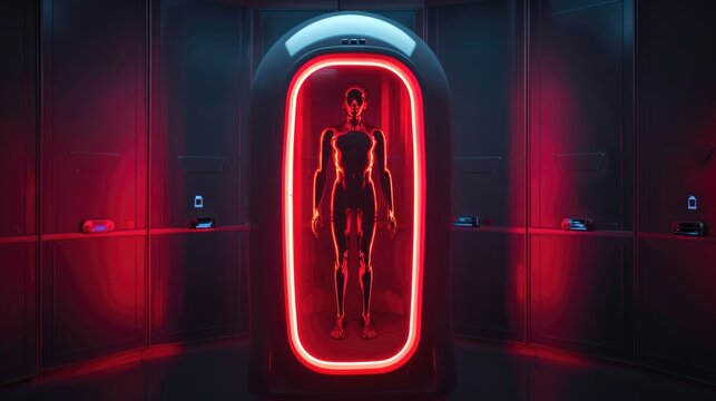 Cryogenic hibernation capsule with human body inside illuminated with red light. Science fiction cryonics technology for humans
