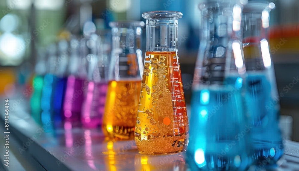 Poster a row of beakers filled with different colored liquids on a table