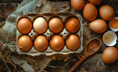 Fresh farm eggs in carton on wooden table. Eggs in egg boxes